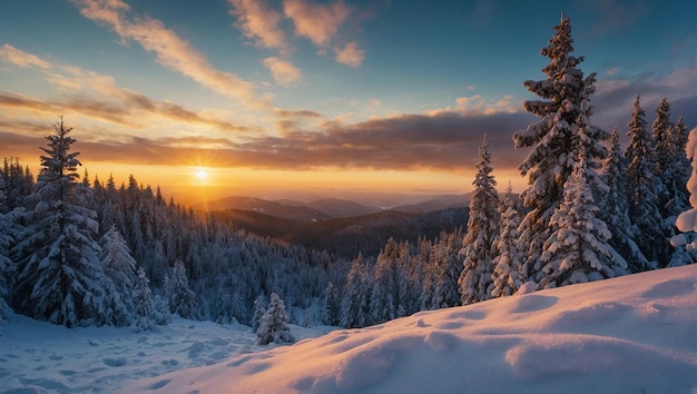 Foto un paisaje montañoso nevado con huellas en la nieve que conducen hacia un sol poniente