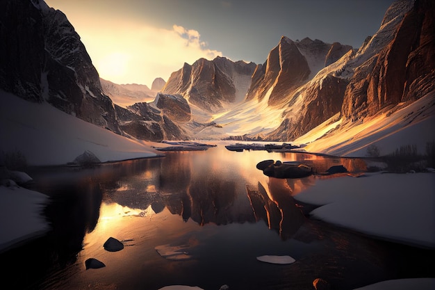 Un paisaje montañoso nevado con un lago y montañas al fondo.