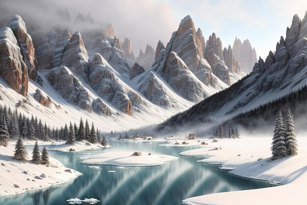 Un paisaje montañoso nevado con un lago y montañas al fondo.