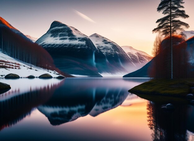 Un paisaje montañoso nevado con un lago y montañas al fondo