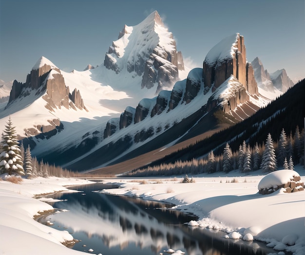 Un paisaje montañoso nevado con una montaña al fondo