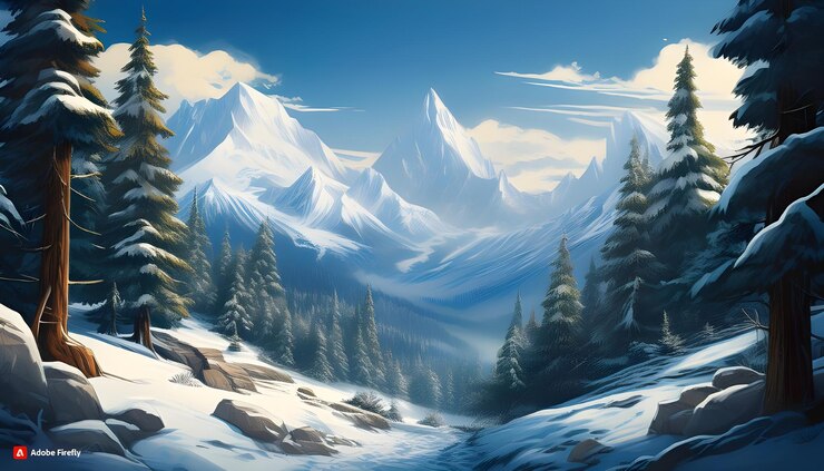 un paisaje montañoso nevado con una montaña en el fondo
