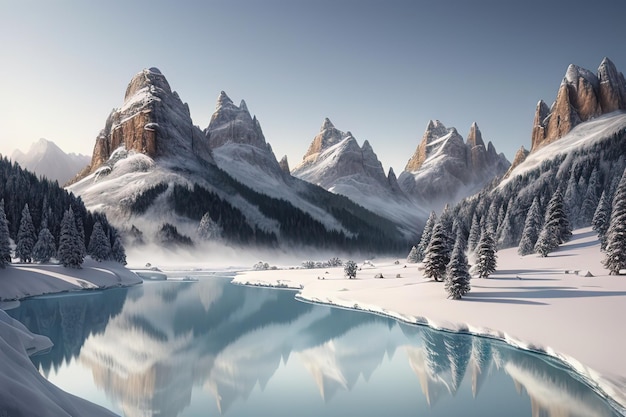 Un paisaje montañoso nevado con una montaña nevada y un lago azul.