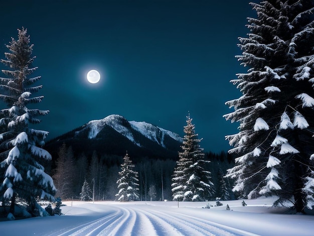 Foto paisaje montañoso nevado con pinos y luna llena en el cielo