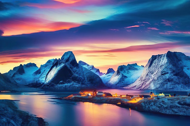 Un paisaje montañoso nevado con un pueblo en primer plano