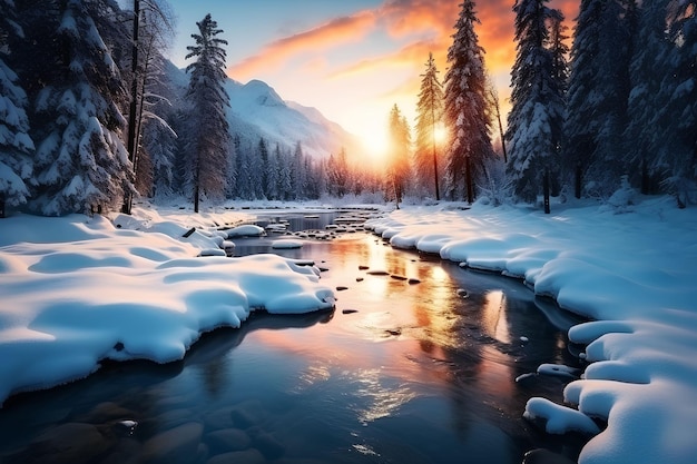 paisaje montañoso nevado con río claro