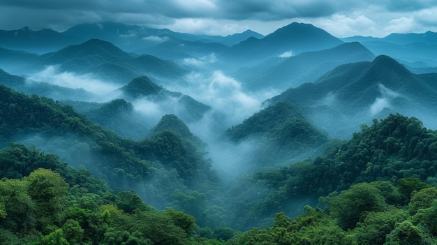 Paisaje montañoso con niebla por la mañana Taiwán Asia IA generativa