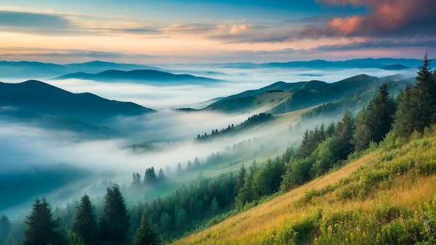 Paisaje montañoso con niebla