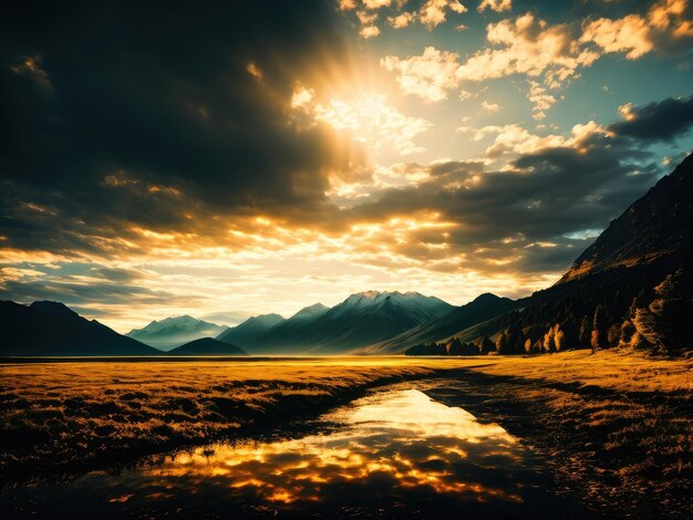 Foto paisaje montañoso nocturno con nubes y agua