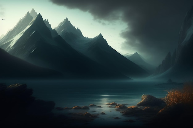 Un paisaje montañoso oscuro con una montaña al fondo