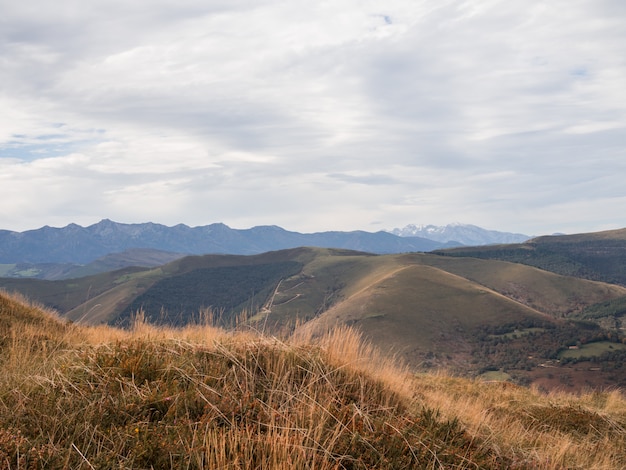 Paisaje montañoso de otoño con picos nevados