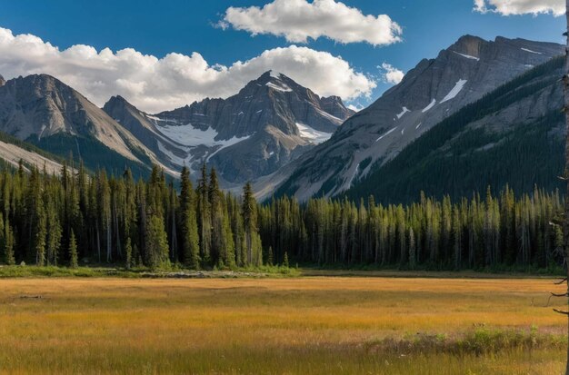 Foto paisaje montañoso con prados y pinos