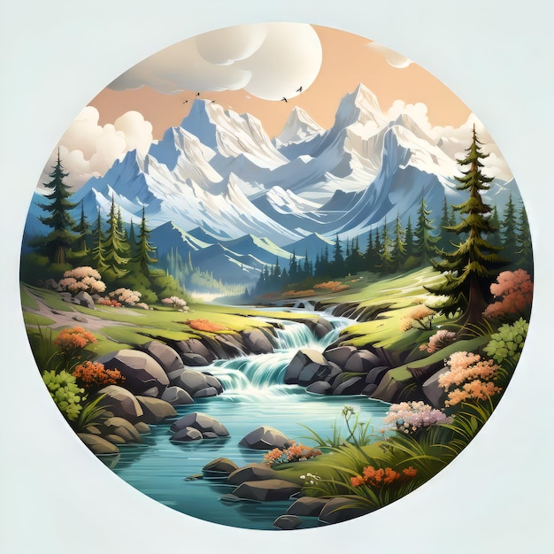 Paisaje montañoso con un río y una cascada Ilustración vectorial