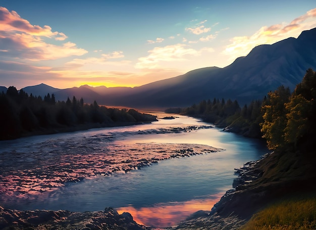 Paisaje montañoso con río y cielo al atardecer