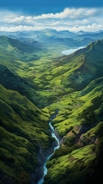 Foto un paisaje montañoso con un río que lo atraviesa