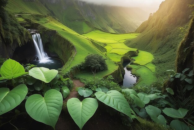 Foto paisaje montañoso con sendero de senderismo y vista de hermosos lagos ponta delgada isla de sao miguel azores portugal