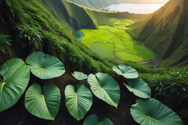 Foto paisaje montañoso con sendero de senderismo y vista de hermosos lagos ponta delgada isla de sao miguel azores portugal