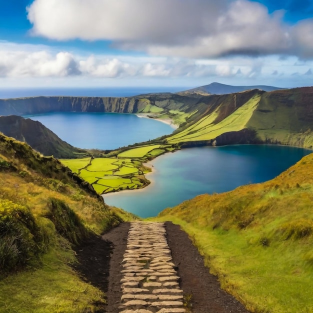 Paisaje montañoso con sendero de senderismo y vista de hermosos lagos Ponta Delgada Isla de Sao Miguel