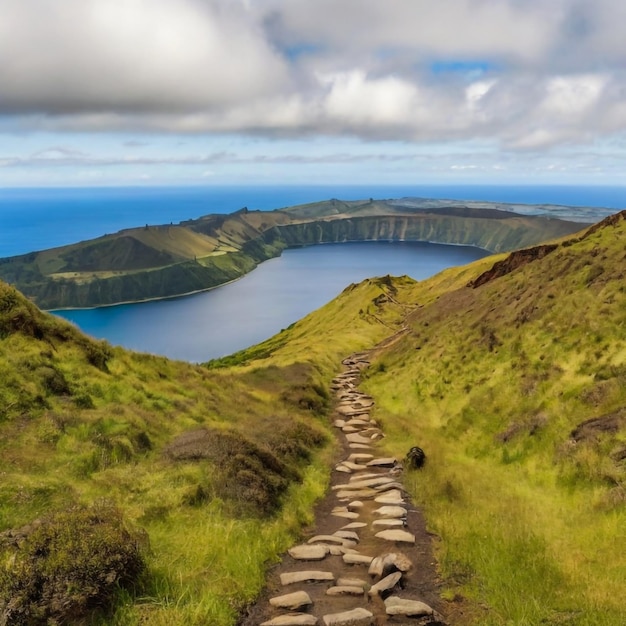 Foto paisaje montañoso con sendero de senderismo y vista de hermosos lagos ponta delgada isla de sao miguel