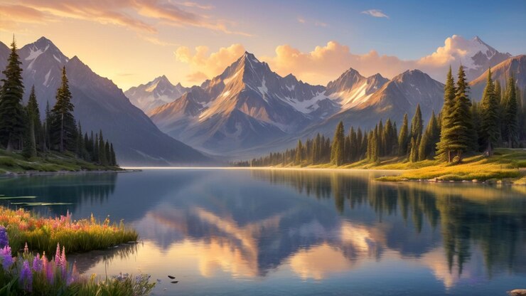 Un paisaje montañoso sereno al amanecer con altos picos cubiertos de nieve bañados en un resplandor dorado