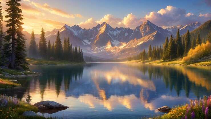 Un paisaje montañoso sereno al amanecer con altos picos cubiertos de nieve bañados en un resplandor dorado