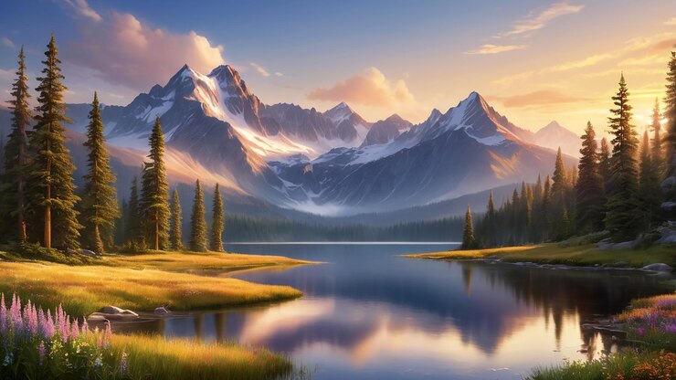 Un paisaje montañoso sereno al amanecer con altos picos cubiertos de nieve bañados en un resplandor dorado