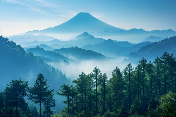 Paisaje montañoso sereno con picos brumosos y bosques exuberantes