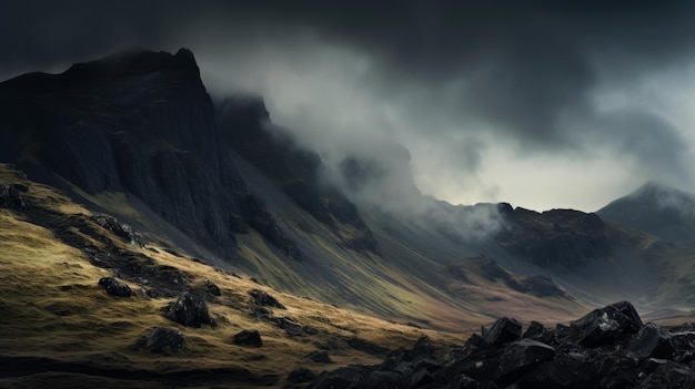 Paisaje montañoso sombrío y brumoso generado por una red neuronal