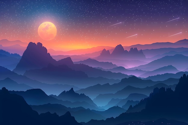 Paisaje montañoso tranquilo bajo un cielo iluminado por la luna y las estrellas con impresionantes gradientes de colores y altos detalles