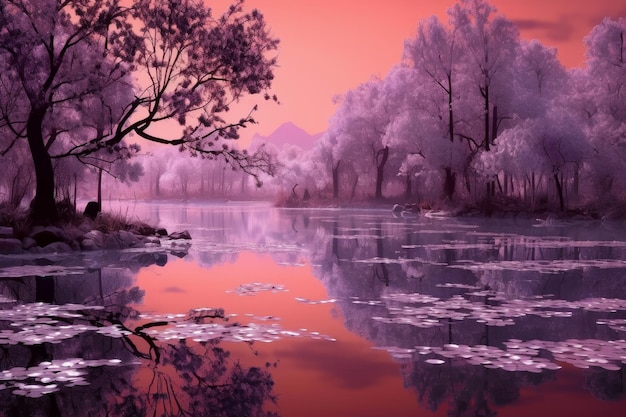 Un paisaje morado con árboles y agua y un lago con un lago y un árbol con hojas y flores.