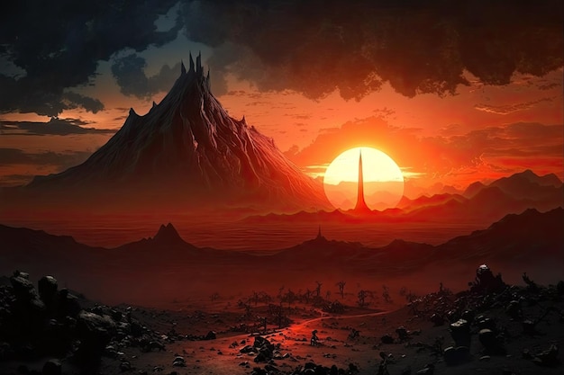 Paisaje de mordor al atardecer con la puesta de sol detrás del monte del destino