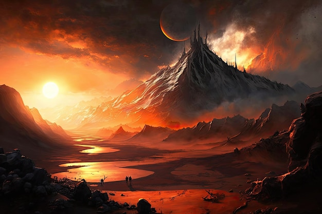 Paisaje de Mordor con amanecer ardiente en el fondo