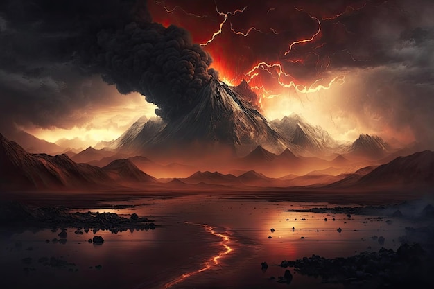 Paisaje de Mordor con montaña ardiente en el fondo y tormenta violenta acercándose