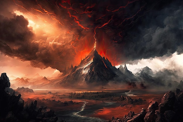 Paisaje de Mordor con montaña ardiente en el fondo y tormenta violenta acercándose