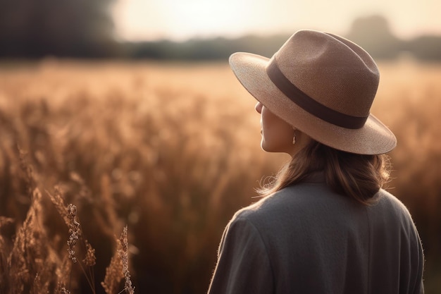 Paisaje con mujer con sombrero detrás del campo en el fondo Bokeh de fondo IA generativa