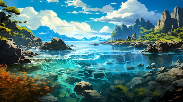 Foto paisaje de un mundo isekai por un océano y montañas ilustración digital