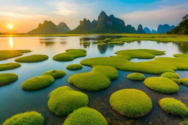 Un paisaje de musgos verdes en un lago con montañas al fondo.