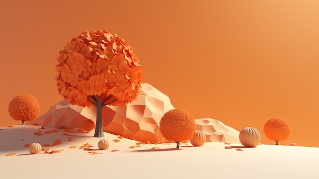 Un paisaje naranja con árboles y calabazas.