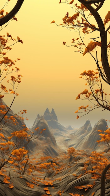 un paisaje naranja con árboles y montañas al fondo