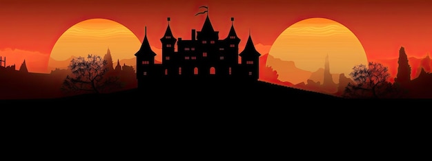 Paisaje naranja de Halloween con un castillo embrujado al fondo IA generativa