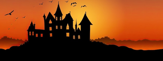 Foto paisaje naranja de halloween con un castillo embrujado al fondo ia generativa