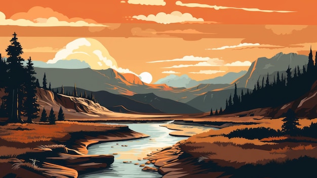 un paisaje naranja que presenta una ilustración muy detallada de un bosque y montañas al fondo. el romántico paisaje fluvial se representa con una paleta de colores en tonos tierra, que recuerda al estilo