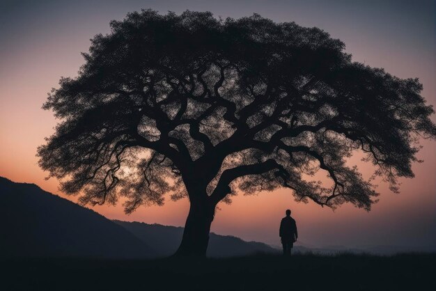 Paisaje natural del atardecer con el hombre bajo la silueta del árbol