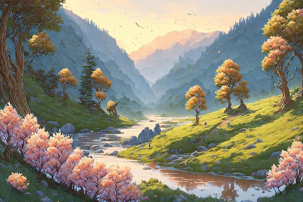 Paisaje natural de un bosque con río y árbol rosa