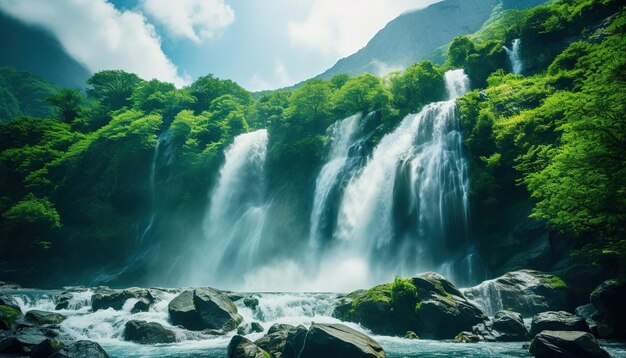 Paisaje natural de cascadas y montañas