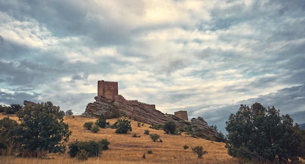 Paisaje natural con un castillo medieval en lo alto de una colina y los rayos del sol a través de las nubes