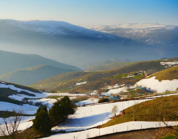 paisaje natural con colinas y valles cubiertos por nieve derretida