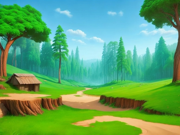 Paisaje natural de fondo de bosque de dibujos animados con árboles de hoja caduca, musgo sobre rocas, hierba