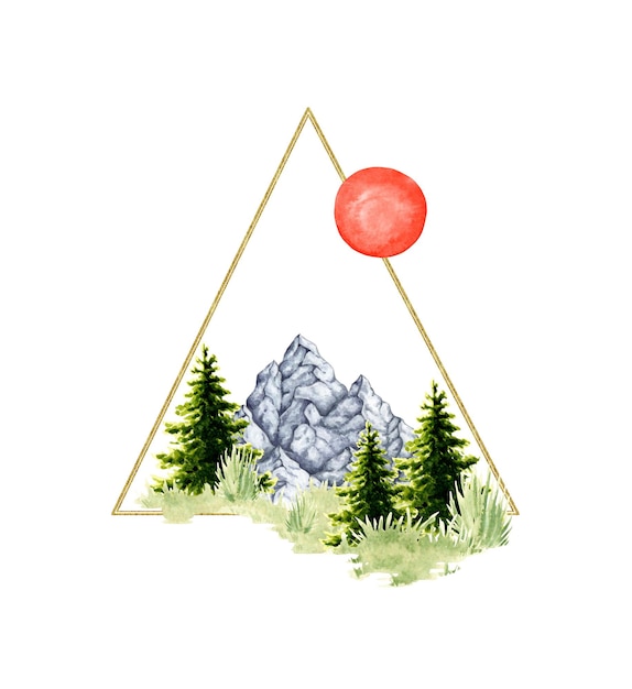 Paisaje natural marco triangular ilustración en acuarela escena de la vida silvestre del bosque con hierba verde