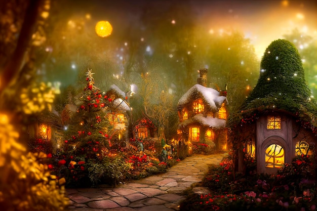 Paisaje natural de un país de cuento de hadas con casas y flores Estilo de dibujos animados Luces multicolores para el árbol de Navidad Publicidad para ilustraciones de libros y dibujos animados